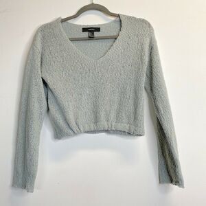 Forever 21 Cropped Long Sleeve Top elastic hem v neck blue green sz Small